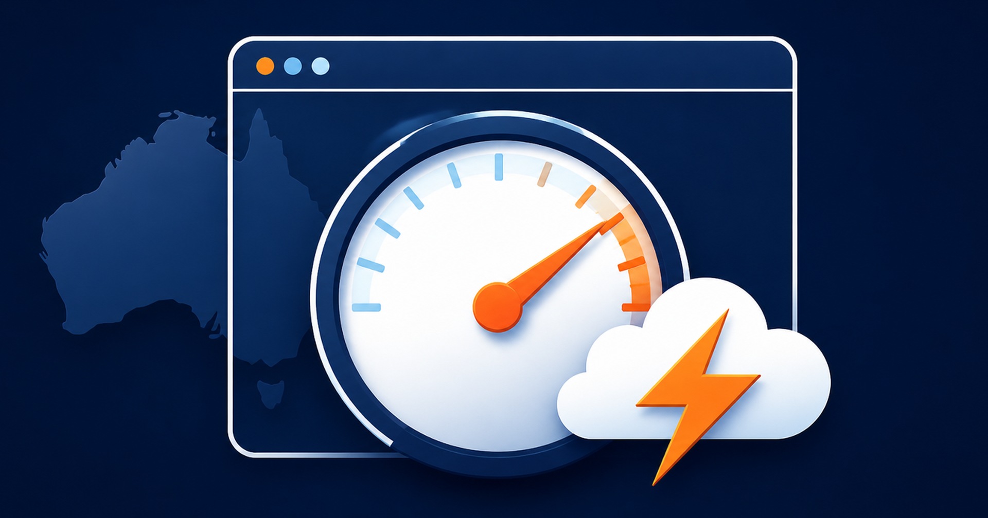 Browser speed gauge with a cloud and lightning bolt representing hosting performance